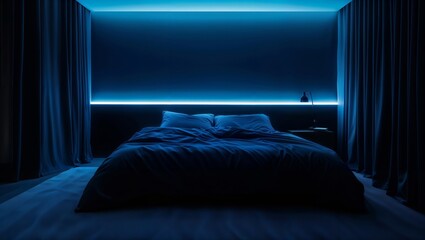 Blue LED Bedroom Aesthetic. Contemporary bedroom with dramatic blue LED strip lighting and flowing curtains creating moody atmosphere.