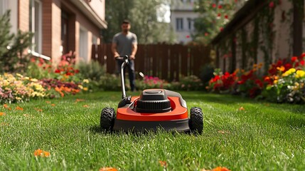 An eco-friendly electric mower in action, a man carefully trimming a dense green lawn, fresh clippings scattered around, surrounded by colorful flower beds under bright daylight,