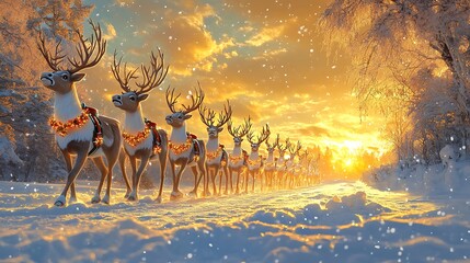 A line of Santa’s reindeer standing majestically in a snowy field, their glowing festive harnesses and jingling bells casting light reflections on the snow, a golden sunset painting the sky,