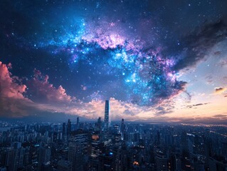 Obraz premium Illuminated skyscrapers against cosmic night sky vibrant city skyline urban landscape astounding viewpoint cosmic harmony