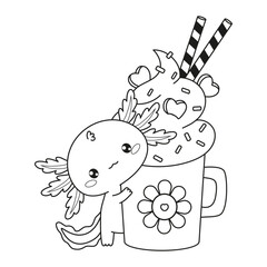 Outline Axolotl Hugging Mug Sweet Dessert with whipped cream. Funny little cartoon kawaii character. Line drawing, coloring book. Vector illustration. Kids collection