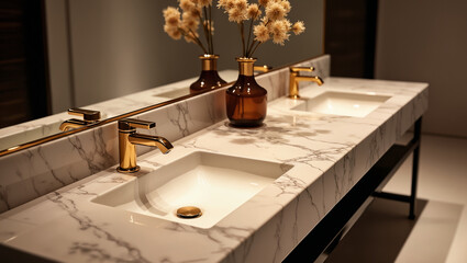 Elegant Bathroom Sink with Marble Countertop and Gold Faucets