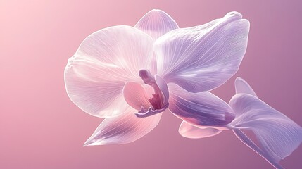Fototapeta premium A minimalist depiction of a single orchid bloom in fine white line art, set against a soft pastel lavender background, subtle shadowing and delicate light play, hd quality, sophisticated and modern.
