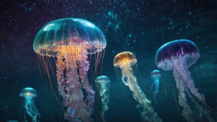 Surreal crystallin structure in the blue colours, jelly fish in the water. Made by AI