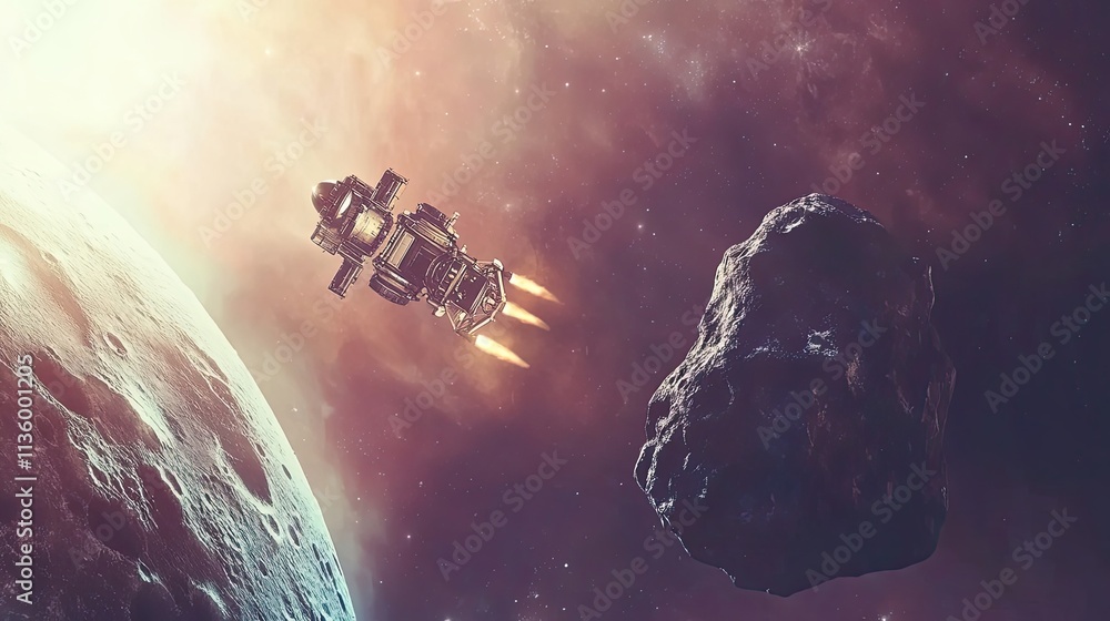 Poster spaceship navigating asteroid field near planet