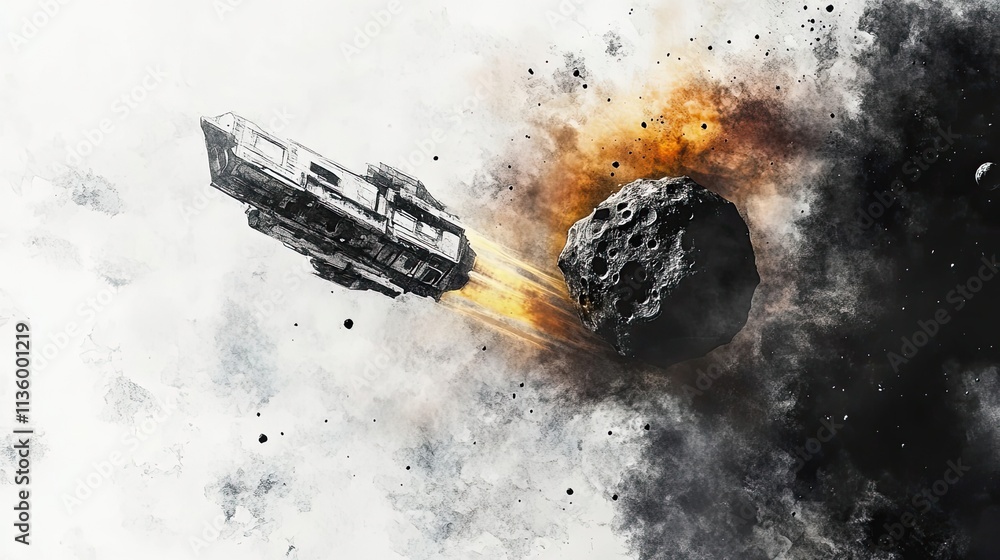 Poster spaceship evading asteroid field in space
