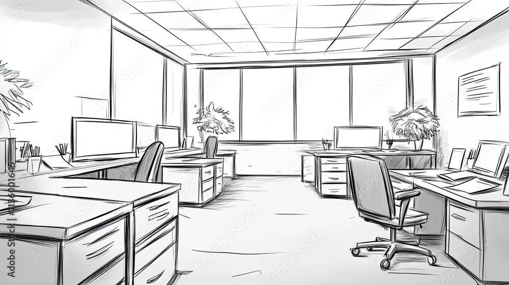 Poster sketch design modern office workspace two desks computers