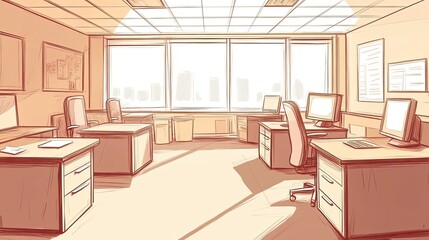 Modern Office Workspace Design Sketch Showing Two Desks