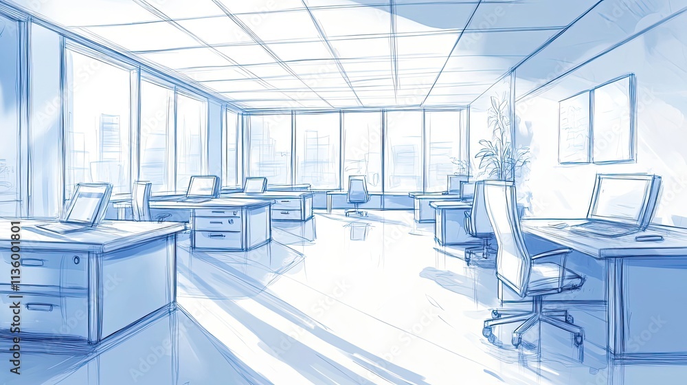 Poster modern office space design sketch showing desks and computers