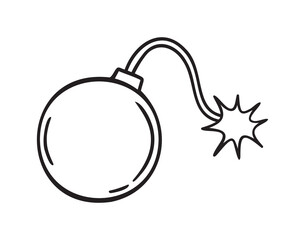 bomb with burning wick doodle hand drawn icon. Outline drawing bomb with burning wick line clipart symbol