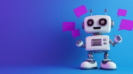 Friendly robot with speech bubbles.