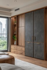 Modern minimalist bedroom with built-in wooden wardrobe and city view.