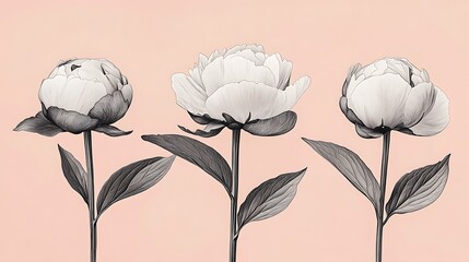 Obraz premium A peony flower illustrated in three stages of blooming—tight bud, half-open, and fully bloomed—fine black line art on a muted blush pink background, serene and minimalist design, hd quality.