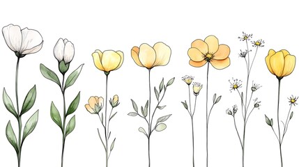 A progression of wildflower blooms, from closed bud to fully open, drawn in minimalist black line art with faint pastel yellow and green highlights, clean white background, hd quality. --ar 16:9