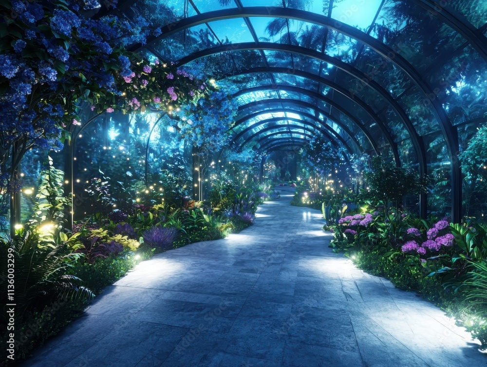 Poster exploring an enchanting botanical garden at night a magical journey through illuminated flora in a s