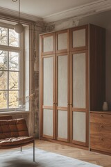Modern wooden wardrobe in a classic room interior.