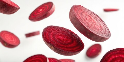 Floating Slices of Beetroot Isolated on White Background