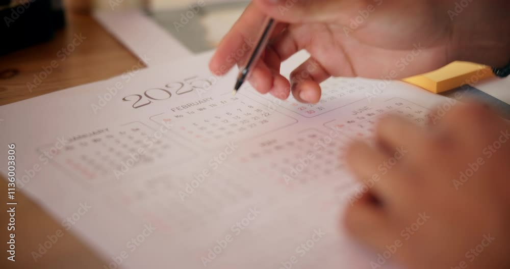Poster man, hands and writing on calendar in workplace, plan schedule and reminder for meeting. male person
