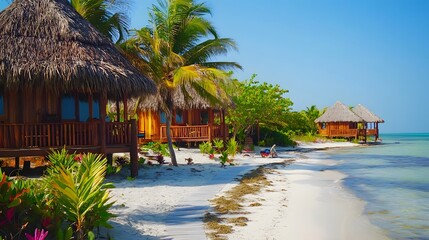 Fototapeta premium Tropical beach huts on pristine white sand, lush vegetation, and turquoise water.