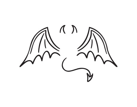 demon wings, sharp tail and horns doodle hand drawn icon set. Outline drawing demon wings, sharp tail and horns line clipart symbol collection