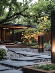 A serene garden pathway featuring stepping stones, lush greenery, and soft lighting, creating a peaceful outdoor retreat.