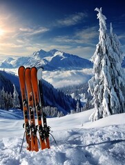 Fototapeta premium Scenic winter landscape with orange skis leaning against a snowy tree, surrounded by majestic mountains under a bright sky.