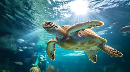 Obraz premium Underwater sea turtle swimming gracefully in sunlit ocean.