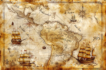 Vintage Nautical Map of South America with Ships