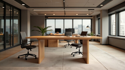 Modern Office Interior with Large Windows and Minimalist Design
