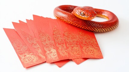 Chinese new year 2025 concept,Red snake flat lay top view, Happy Chinese new year with Red envelope and gold ingot,blessing, wealth on red background with copy space for your text.