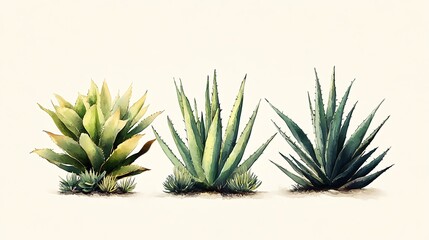 Fototapeta premium A trio of desert plants—aloe vera, cactus, and agave—depicted in minimalist style, muted green tones blending softly on a neutral off-white backdrop, hd quality. --ar 16:9