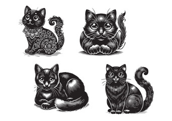 Set of vector cute cat silhouette in different poses isolated on white background. Kitten, kitty or pet animal line art drawing. Funny or wild cat cartoon sticker.