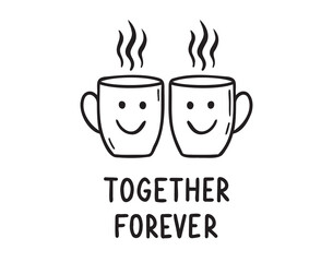 Cute friendship with cups of tea doodle hand drawn icon. Together forever concept. Outline drawing best friends emblem line clipart symbol