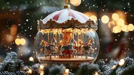 A magical glass ornament encasing a festive carousel spinning under snowfall, intricate details on the horses and tiny fairy lights around the base,