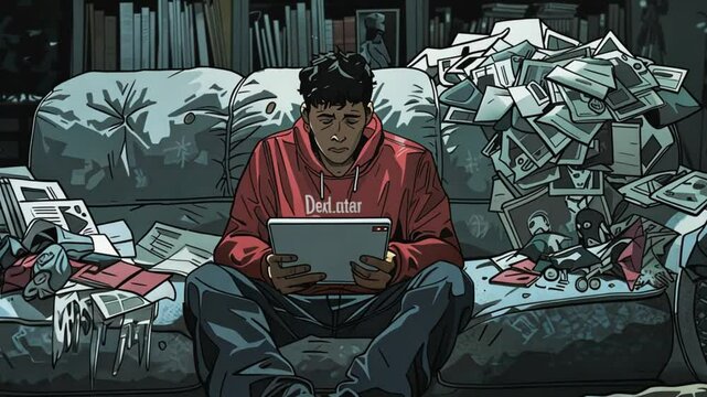 A man sits in a cluttered room, looking dejectedly at his tablet surrounded by piles of paper.