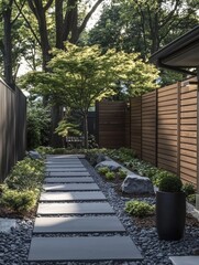 Naklejka premium A serene garden pathway featuring stone slabs, lush greenery, decorative rocks, and wooden fencing, creating a peaceful outdoor retreat.