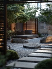 Fototapeta premium A serene garden featuring natural stones, greenery, and a cozy seating area, creating a tranquil outdoor retreat.