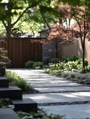 A serene garden pathway lined with stone slabs, surrounded by lush greenery and decorative elements, creating a peaceful outdoor retreat.