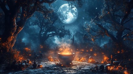 halloween scene with a caulder full of pumpkins and a full moon