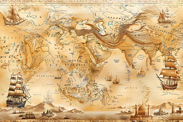 Fototapeta premium Vintage World Map with Ships and Coastal Landmarks