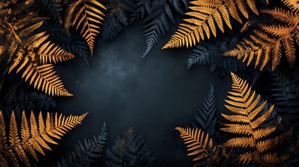 Abstract outlines of ferns drawn in fine black lines with metallic gold accents highlighting the edges, placed on a deep charcoal gray background, minimalist and luxurious, hd quality. --ar 16:9