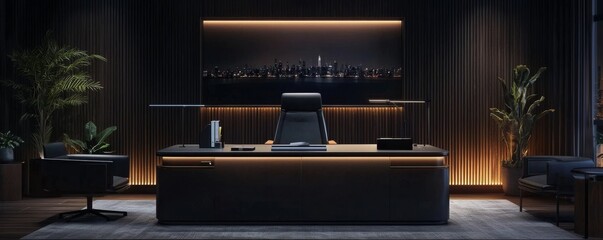 A sleek, modern office with a dark wood desk, stylish chair, ambient lighting, and decorative plants, creating a sophisticated and inviting workspace.