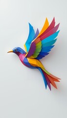 Obraz premium A vibrant digital artwork of a hummingbird with rainbow colored polygonal feathers. The bird is in flight against a white background.