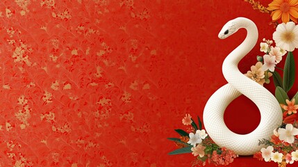 A snake elegantly forming the number eight, entwined with vibrant flowers against a rich red background