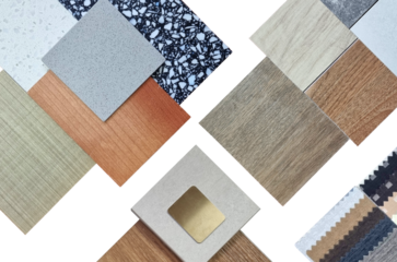 palette of interior material samples in top view contains wooden tiles, artificial stone, terrazzo, gold stainless, drapery, laminated isolated on background with clipping path. selected materials.