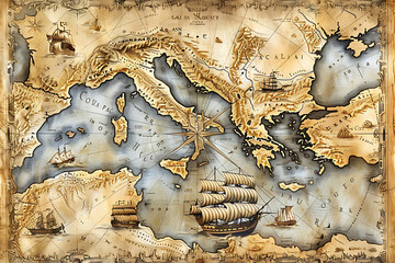 Vintage Maritime Map of the Mediterranean Sea