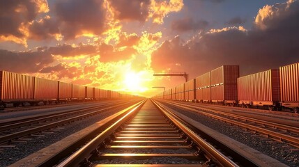 Fototapeta premium A picturesque sunset over train tracks, with cargo containers lined up alongside, creating a beautiful contrast of colors in the sky.