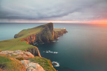 Neist point lighthouse sunset at Skye Island, Scotland