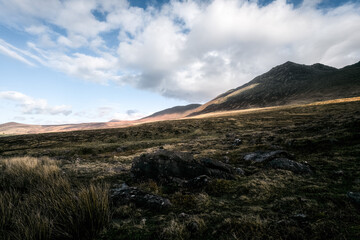 Rolling hills stretch across the horizon under a mix of dark and light clouds. A warm glow from the sunset illuminates the grassy area, creating a serene atmosphere.