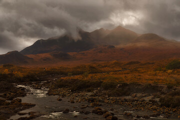 Sligachan river and Cuilins mountains in Skye Island, Scotland